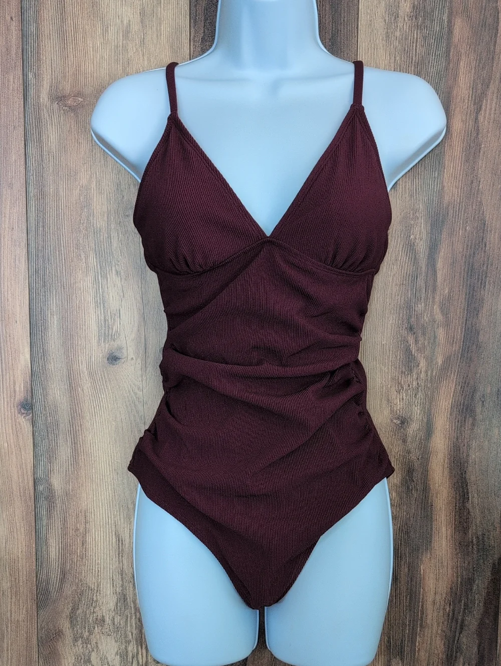 Cupshe Ribbed One-Piece Swimsuit in Deep Burgundy NWT S        529A
